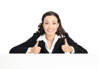 Businesswoman showing blank signboard, on white
