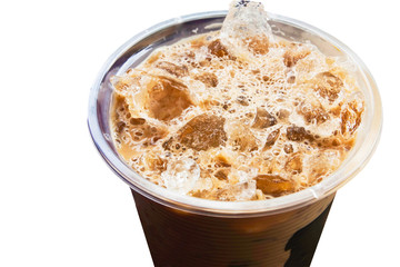 Cold coffee drink with ice on white background