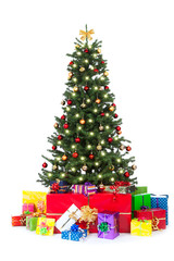 decorated christmas tree with many colorful gifts