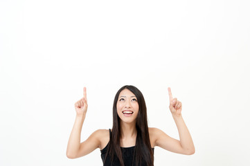 a portrait of attractive asian woman pointing