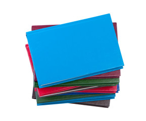 Books on white background top view.