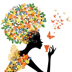 Poster meisje in bloemen met een warme kop © Aloksa