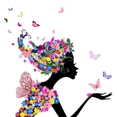 Foto auf Acrylglas Blumen Frau Mädchen mit Blumen und Schmetterlingen