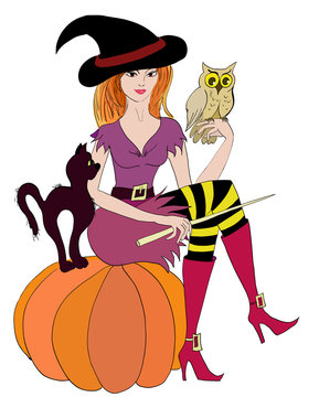 Witch with an owl and a cat