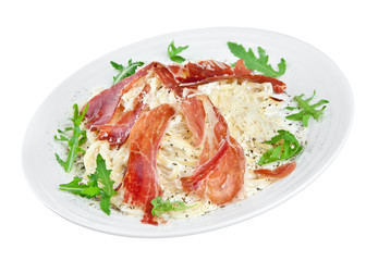 Appetizing noodles with bacon and cheese