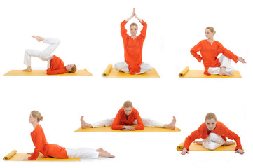 collage yoga photos. young woman doing yoga exercises