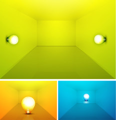 Shiny colored empty interioir with light bulb
