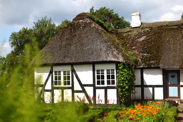 Danish farmhouse with thatched roof and blooming garden