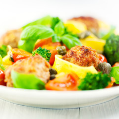 Pappardelle pasta with meatballs and capers