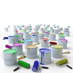buckets with paint and brushes