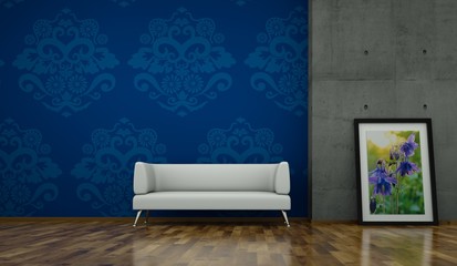 Weißes Sofa vor blauer Damaskwand