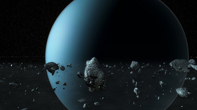CGI render of the planet Uranus from inside the planetary rings.