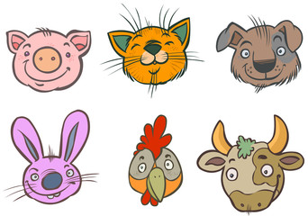 Cartoon faces of Domestic Animals.