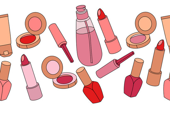 Various cosmetics in seamless border on white background