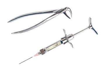 Tooth extraction instruments, forceps and syringe