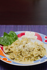 Pasta with Italian pesto sauce with basil