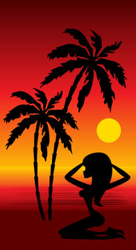 Tropical beach. Sunset. vector, gradient,