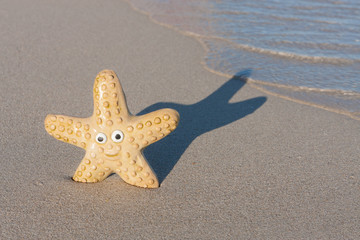 Fototapeta na wymiar Smiling starfish with victory sign on the beach