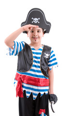 Cute boy with make-up wearing pirate costume .