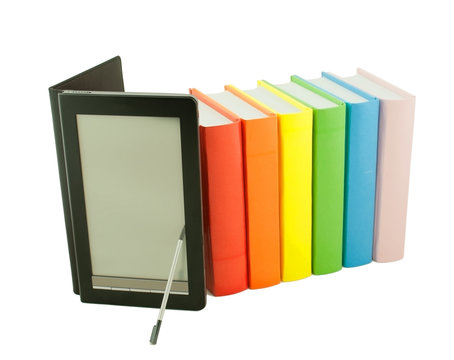Books and electronic book reader isolated on white