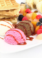 Waffles with ice cream and fruits