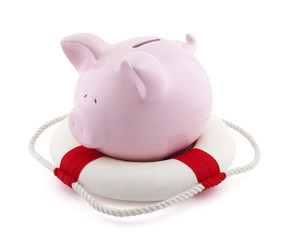 Savings help. Piggy bank with Lifebuoy