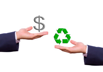 business man hand exchange dollar sign and recycle icon