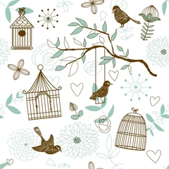 Papier Peint photo Lavable Oiseaux en cages Motif de la nature avec des oiseaux. Vecteur sans soudure.