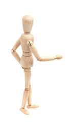 A wooden mannequin give a hand, greets.