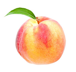 ripe peach fruit with green leafs isolated on white background