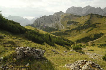 Fototapeta na wymiar Almflächen im Karwendelgebirge