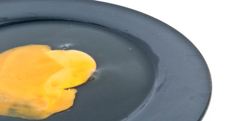 The broken yolk on black dish.