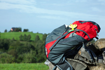 Wanderrucksack liegt auf Holzstapel