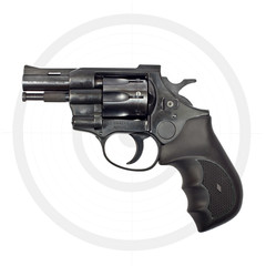 Black revolver gun and target