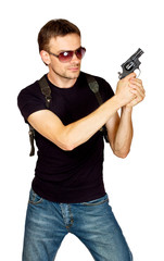 Man with a gun in the holster