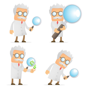funny cartoon scientist with magnifying glass