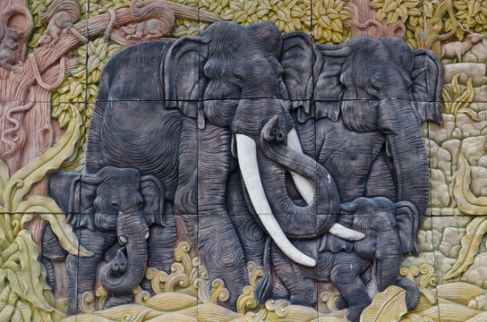 Elephant sculptures. Use to decorate a home's wall