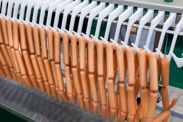 Meat sausages on plastic conveyer in food industry