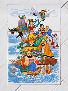 Chinese wealthy life on temple's tiled wall