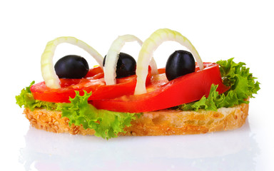 tasty sandwich with tomatoes and olives isolated on white