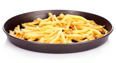 French fries in the pan isolated on white