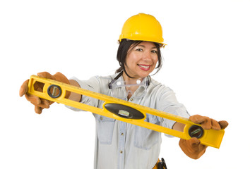 Hispanic Woman with Hard Hat Holding Level