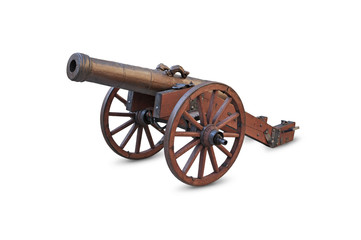 Ancient cannon on wheels isolated on white background