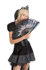 teenager princess girl in long black velvet dress and crown