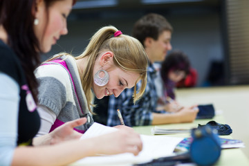 pretty female college student sitting in a classroom