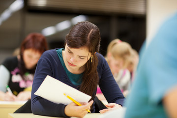 pretty female college student sitting in a classroom