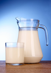 Pitcher and Glass with milk on blue background