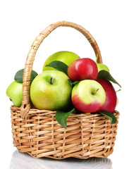 Basket of fresh ripe apples isolated on white
