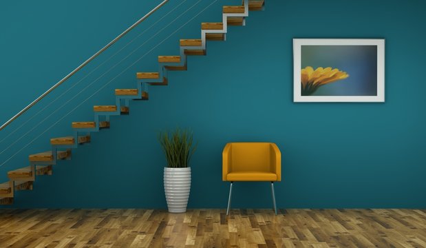 Wohndesign gelber Stuhl unter Treppe