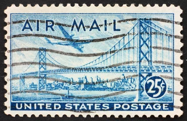 Fotobehang Postage stamp USA 1947 Plane over San Francisco – Oakland Bay Br © laufer